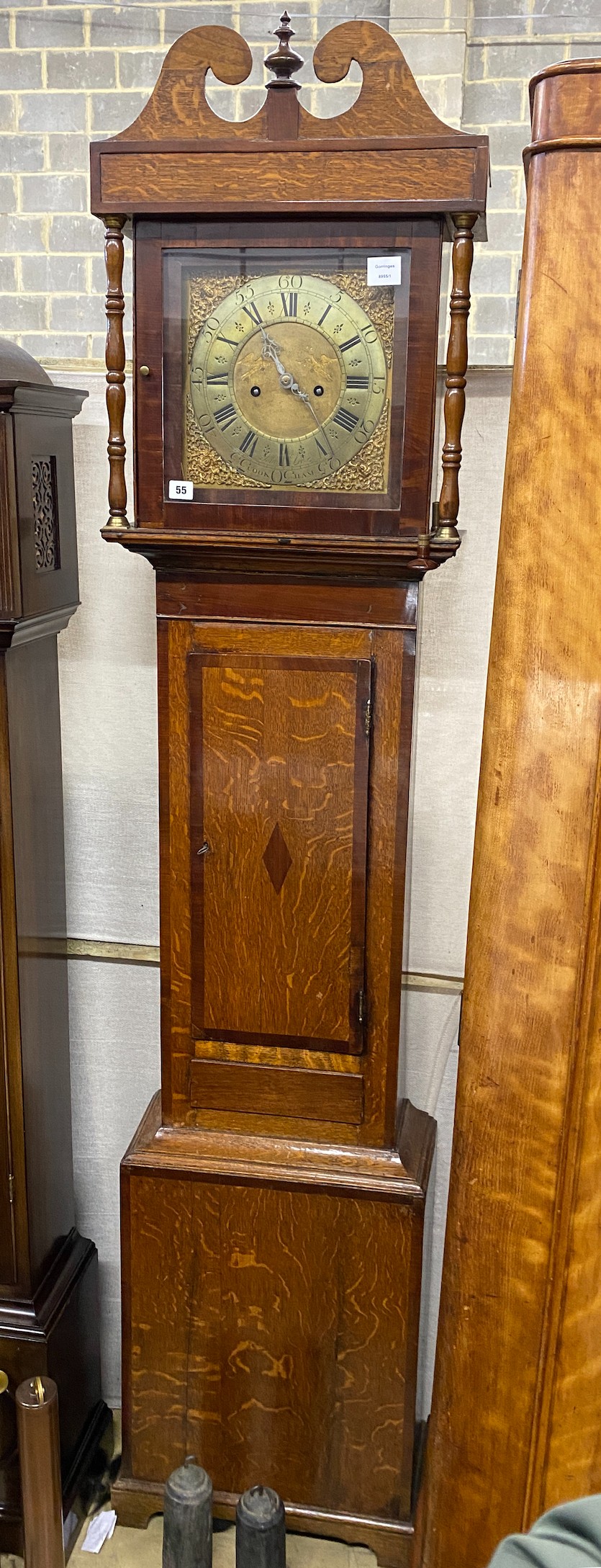 A late 18th century country oak and mahogany crossbanded longcase clock, the 11in. square brass dial inscribed John Lees, Cookham, height 215cm